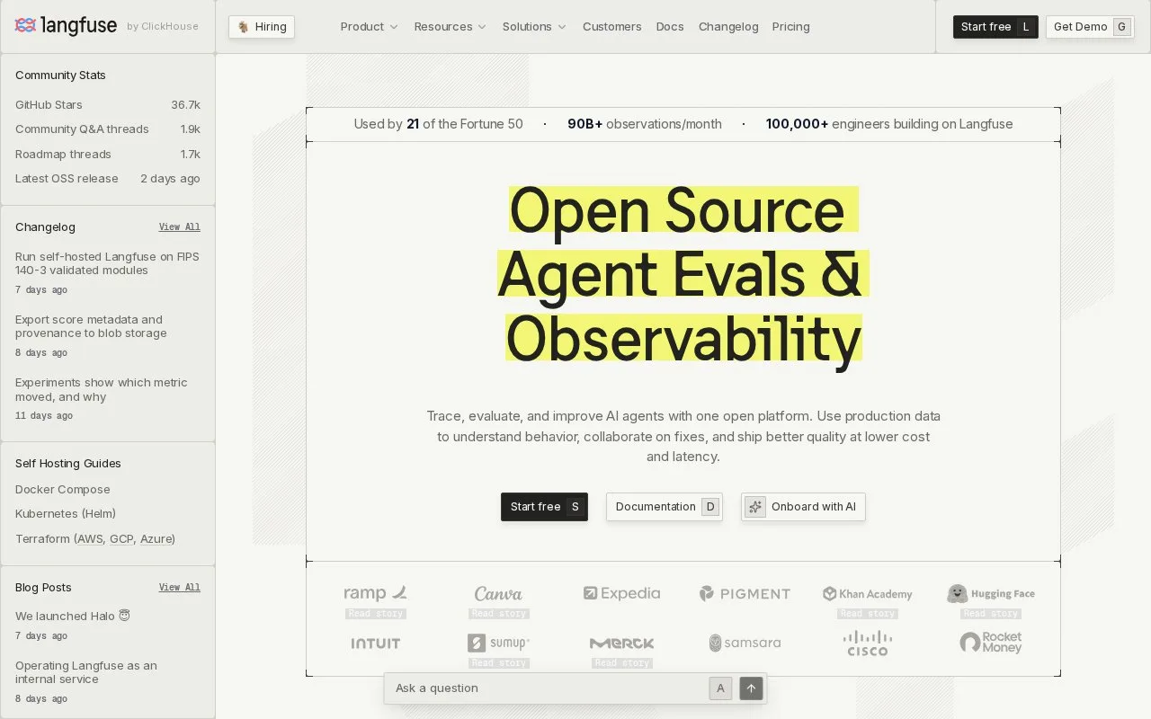 Screenshot of the Langfuse homepage