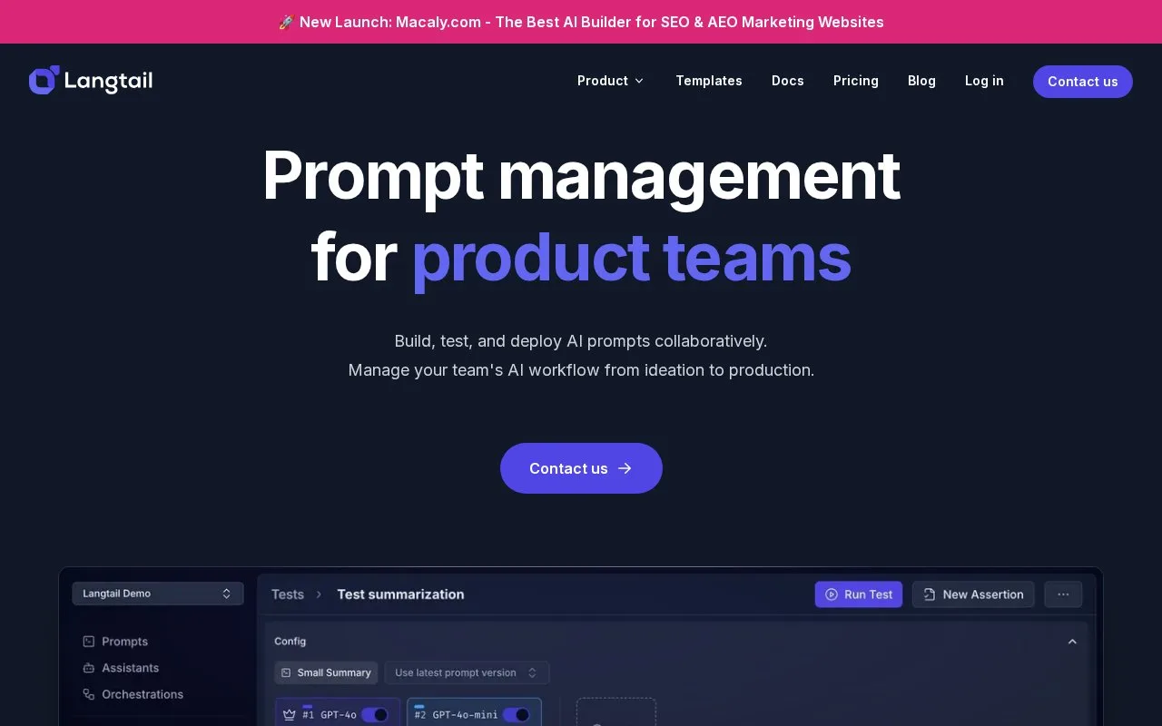 Screenshot of the Langtail homepage