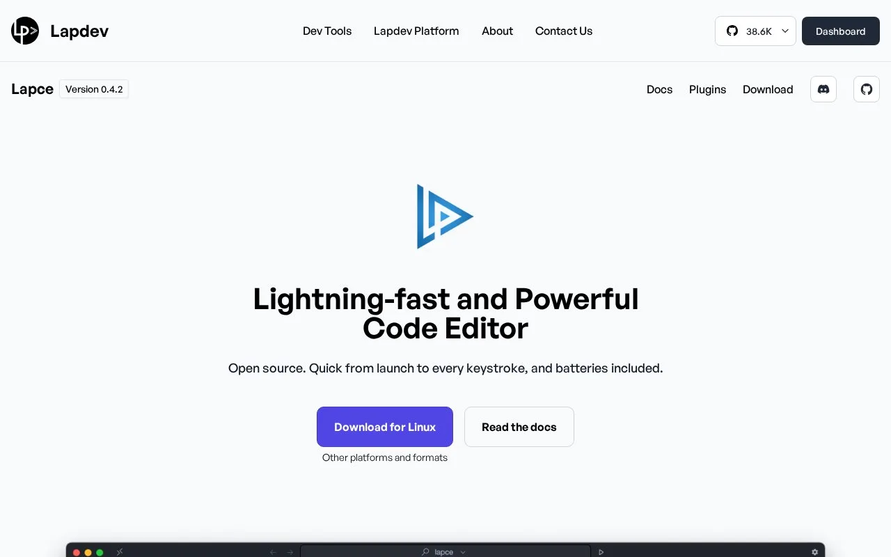 Screenshot of the Lapce homepage