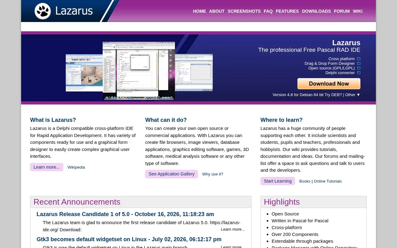 Screenshot of the Lazarus IDE homepage