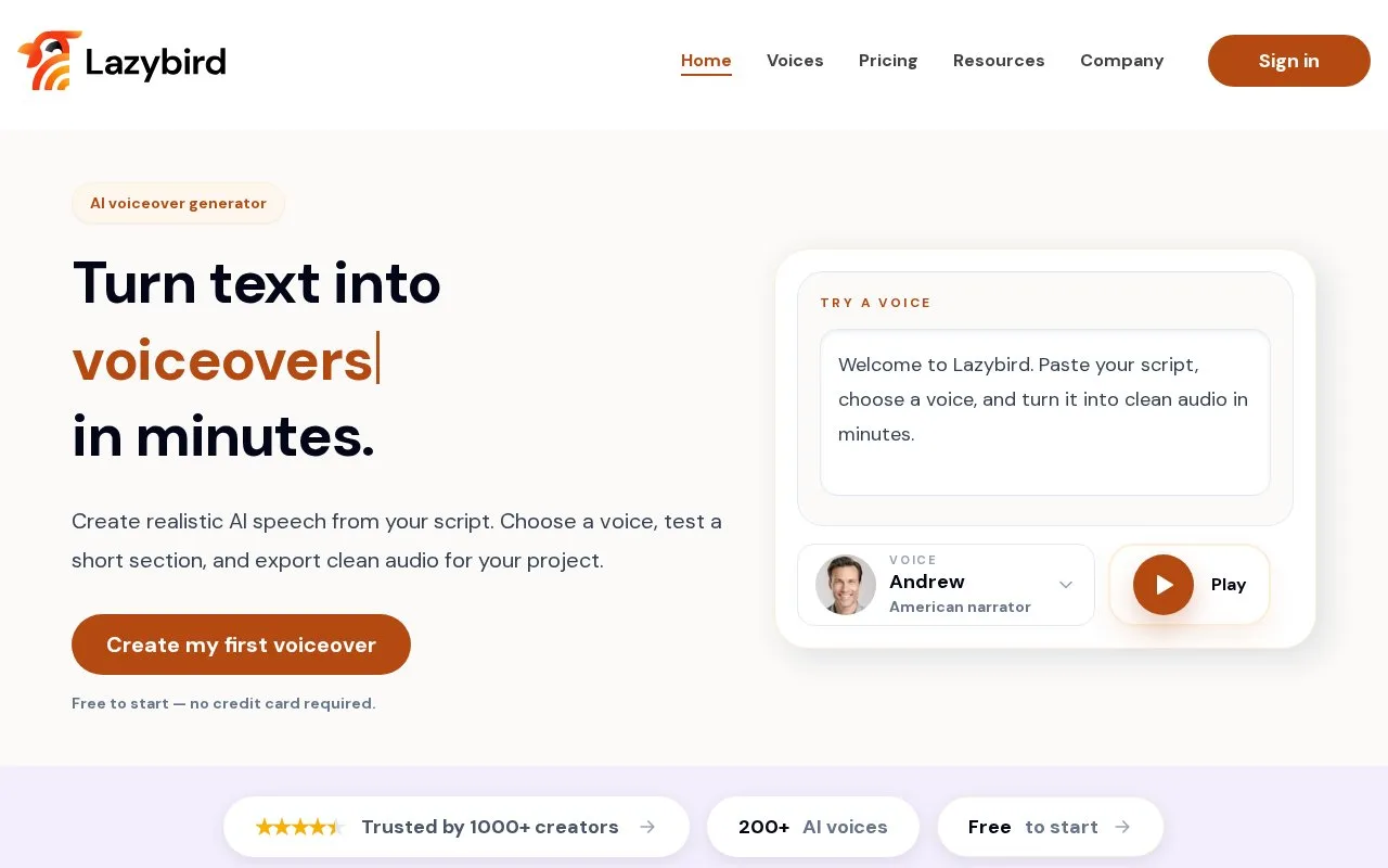 Screenshot of the Lazybird homepage