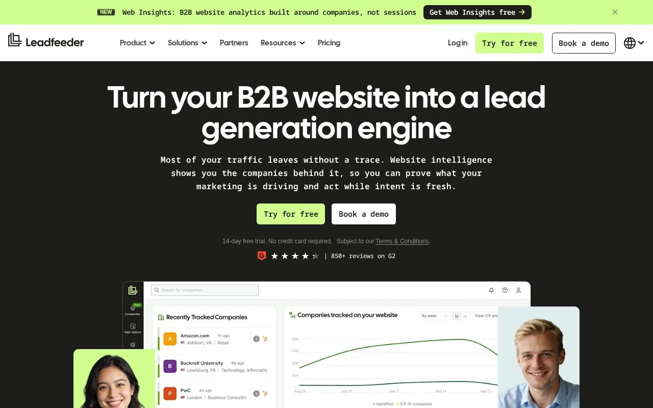 Screenshot of the Leadfeeder homepage