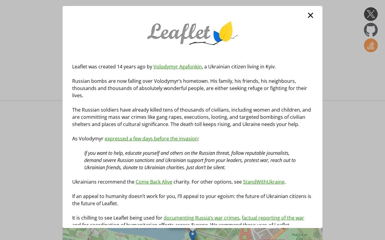 Screenshot of the Leaflet homepage