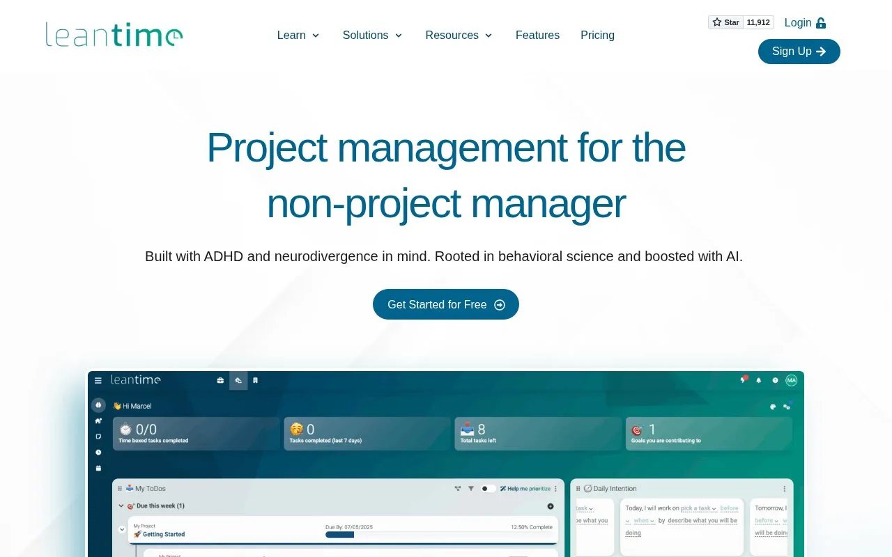 Screenshot of the Leantime homepage