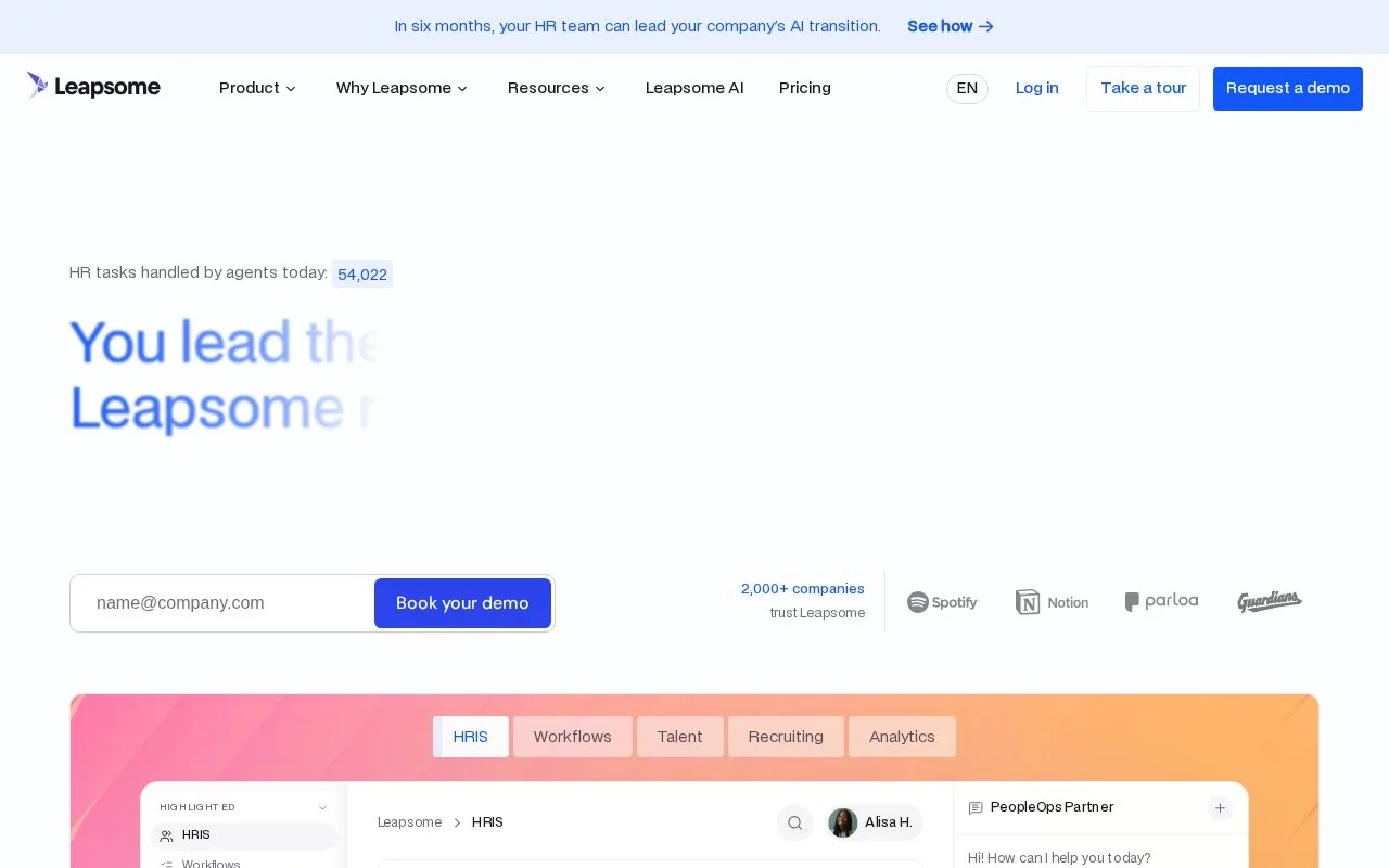 Screenshot of the Leapsome homepage
