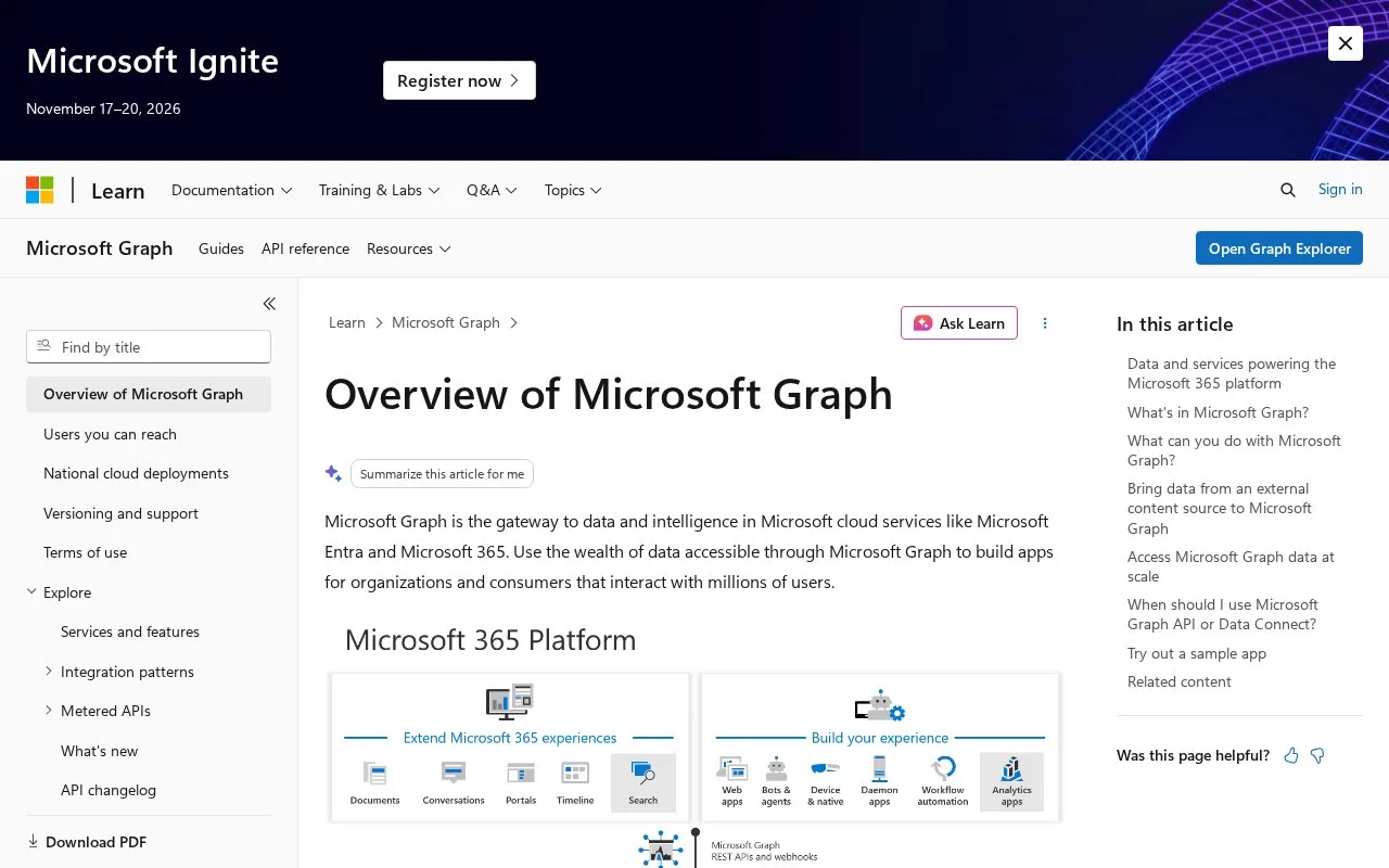 Screenshot of the Microsoft Graph API homepage