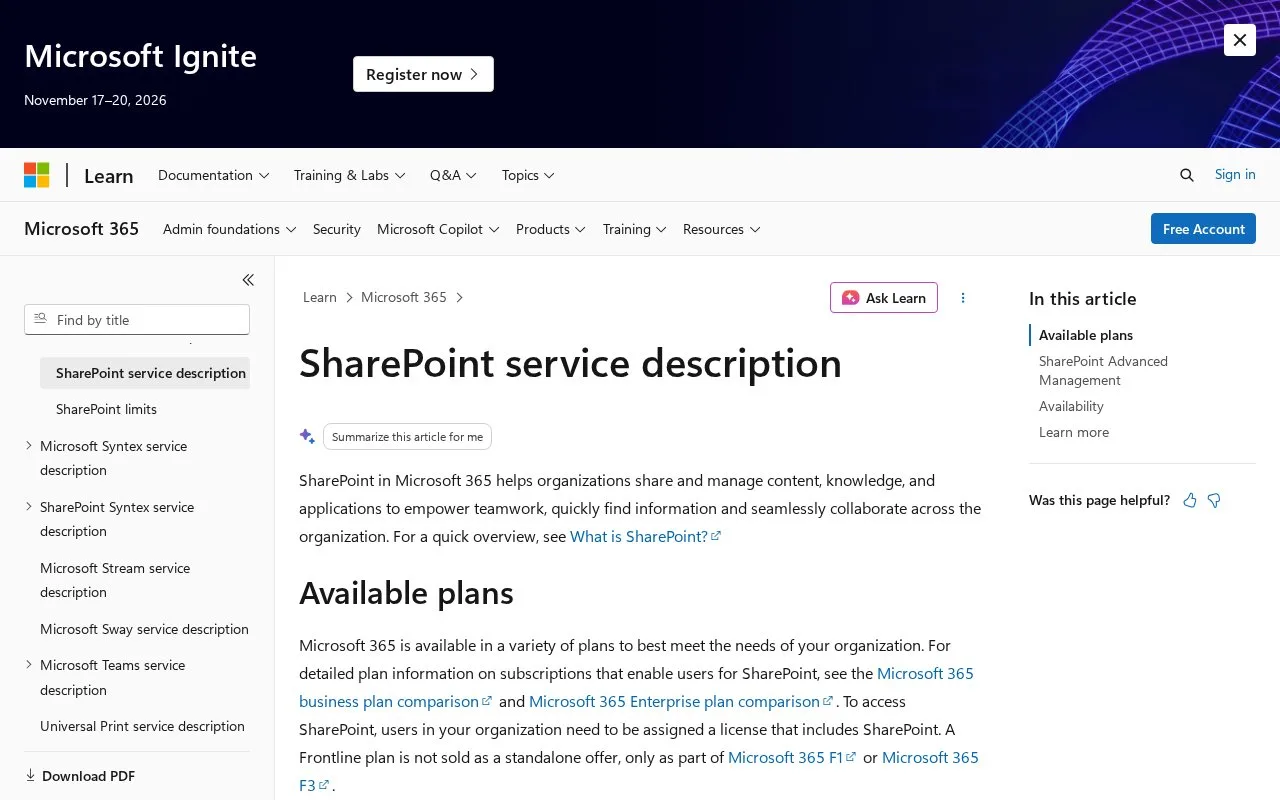 Screenshot of the Microsoft SharePoint homepage