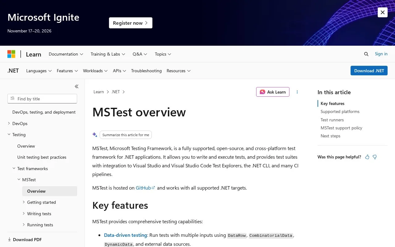 Screenshot of the MSTest homepage