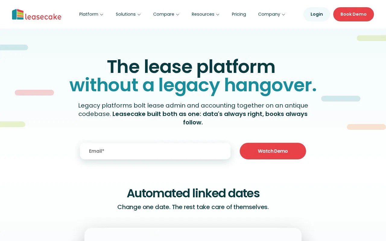 Screenshot of the Leasecake homepage
