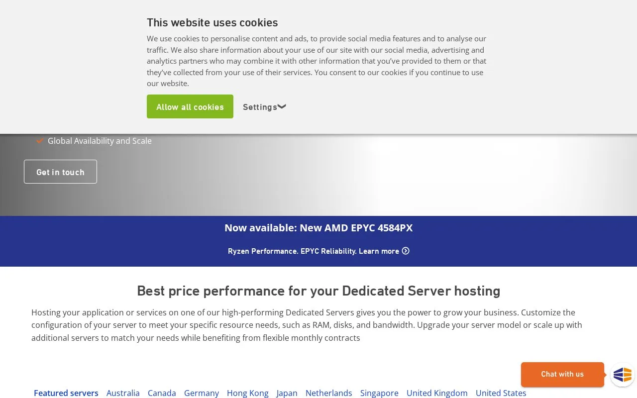 Screenshot of the Leaseweb Dedicated Servers homepage