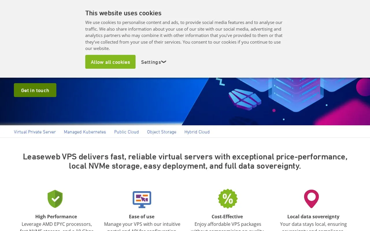 Screenshot of the Leaseweb VPS homepage