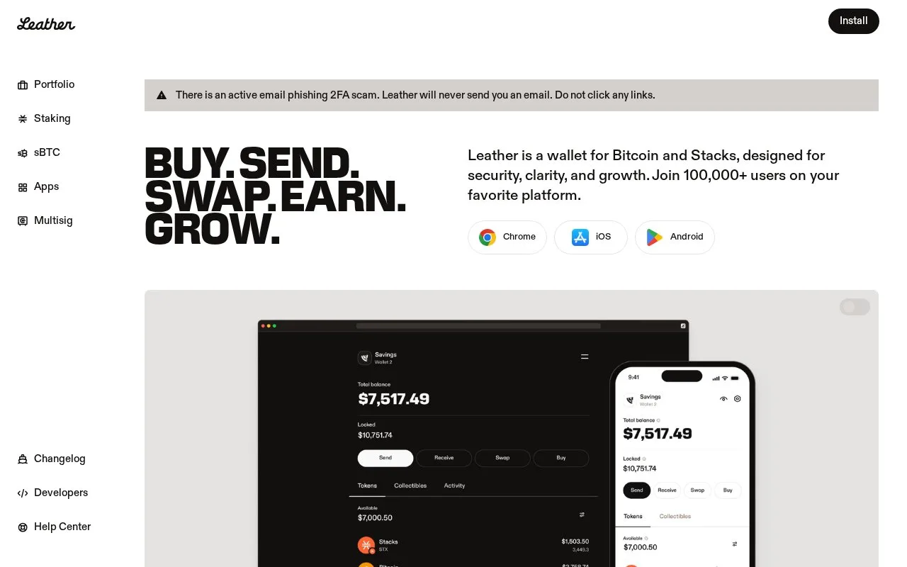 Screenshot of the Leather homepage