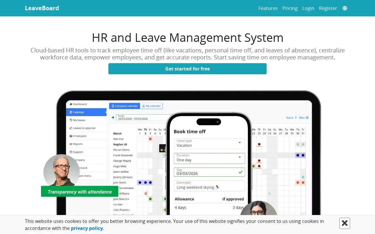 Screenshot of the LeaveBoard homepage
