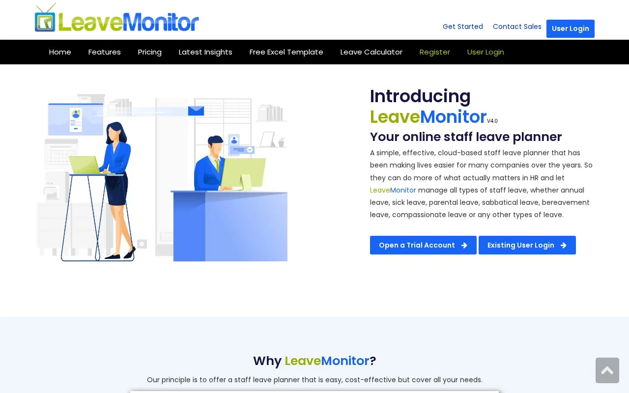 Screenshot of the LeaveMonitor homepage