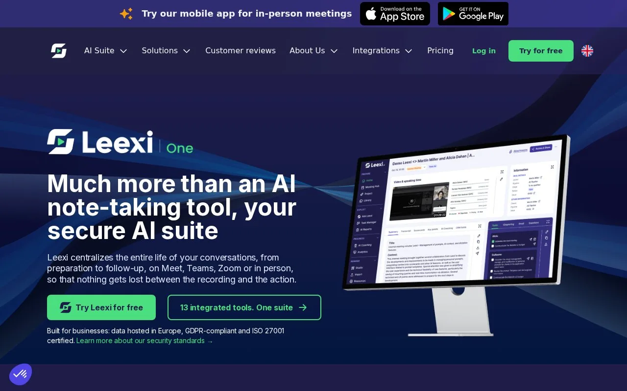Screenshot of the Leexi homepage