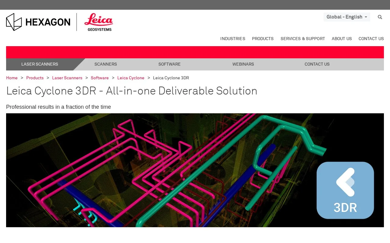 Screenshot of the Leica Cyclone 3DR homepage