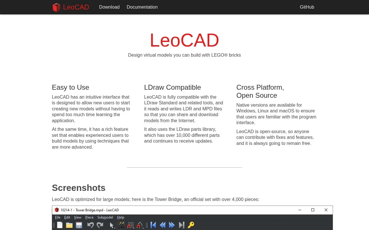 Screenshot of the LeoCAD homepage
