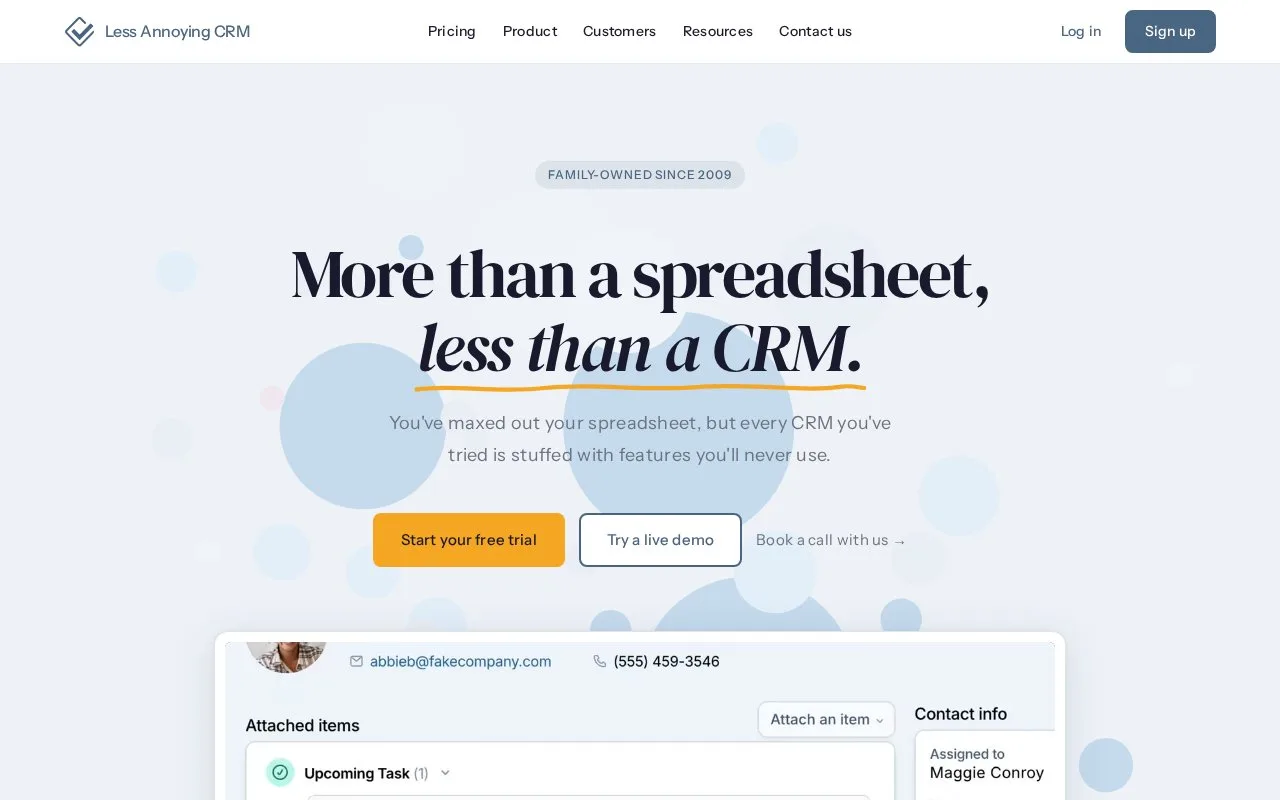 Screenshot of the Less Annoying CRM homepage