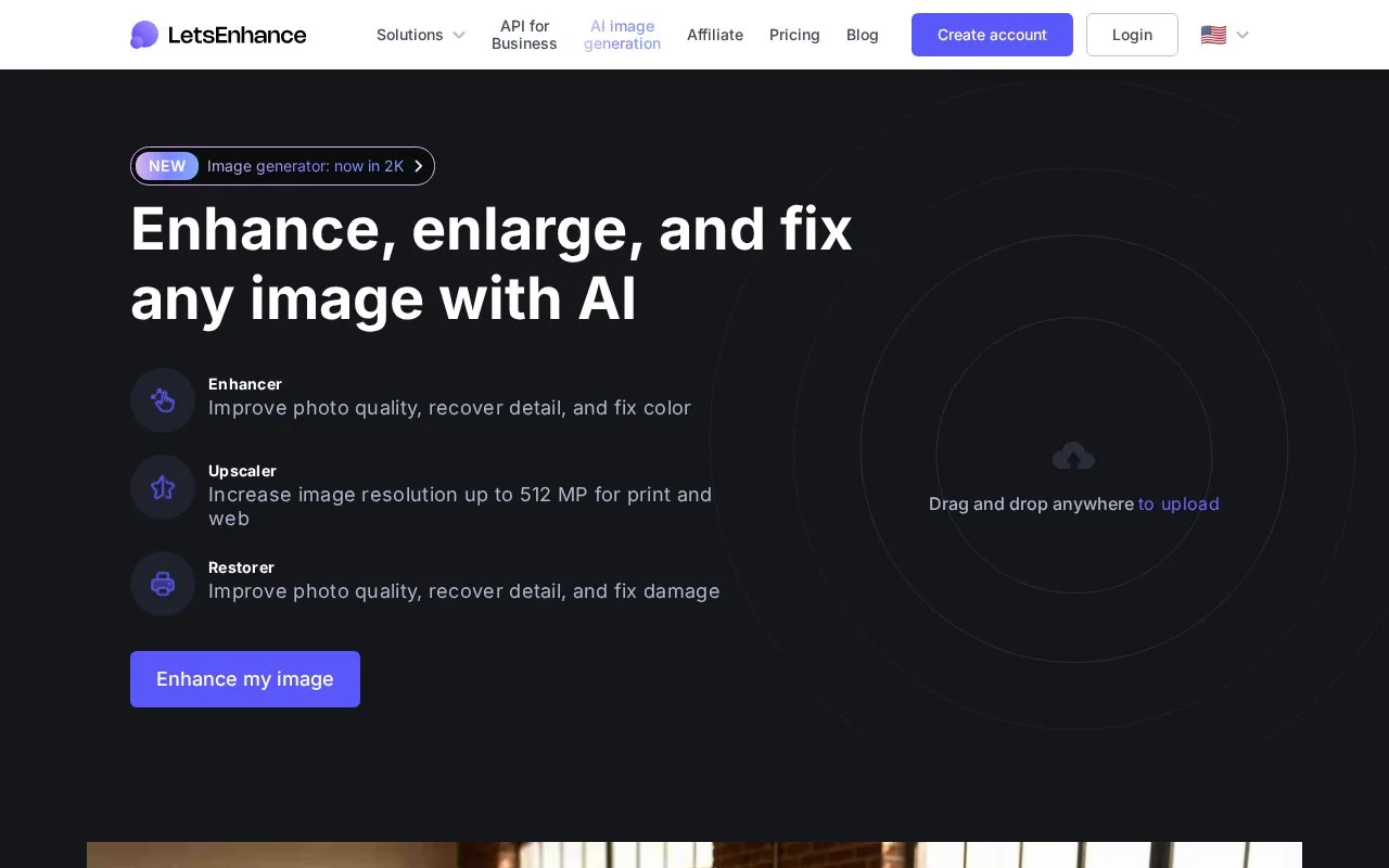 Screenshot of the LetsEnhance homepage