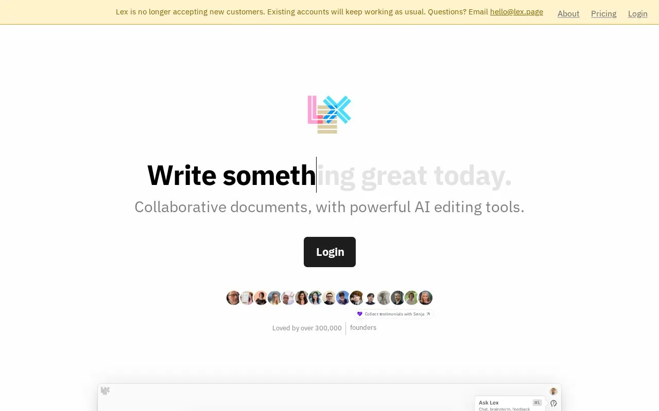 Screenshot of the Lex homepage