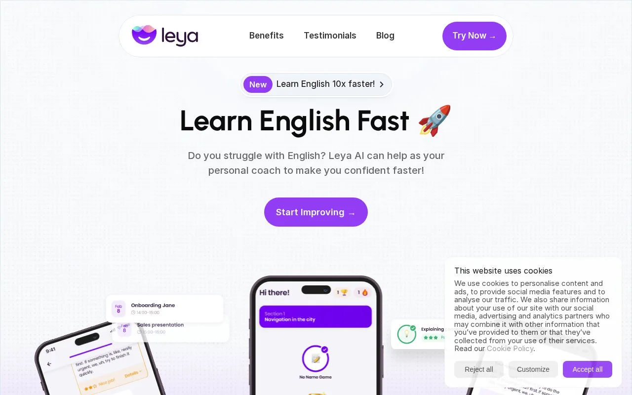 Screenshot of the Leya AI homepage