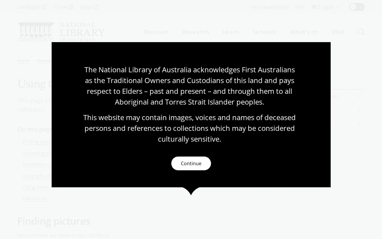 Screenshot of the National Library of Australia Pictures homepage