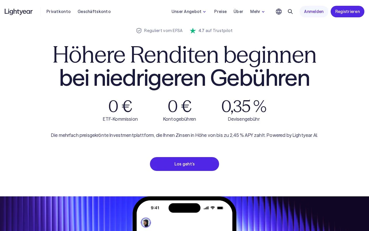 Screenshot of the Lightyear homepage