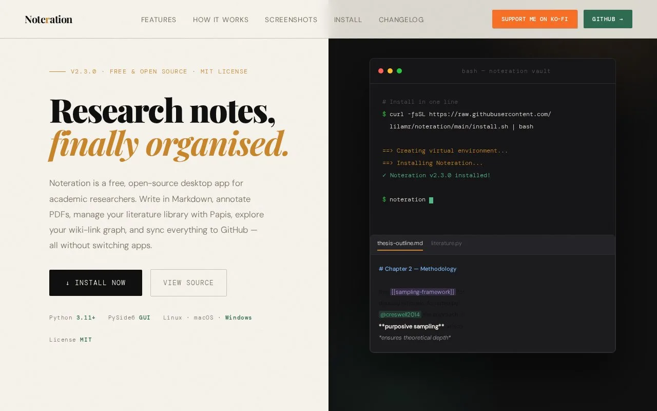 Screenshot of the Noteration homepage