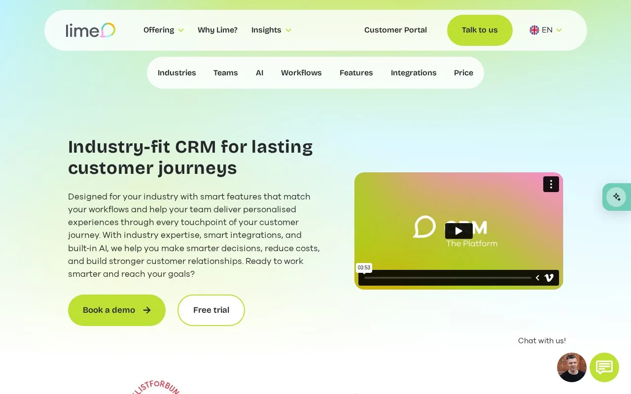 Screenshot of the Lime CRM homepage