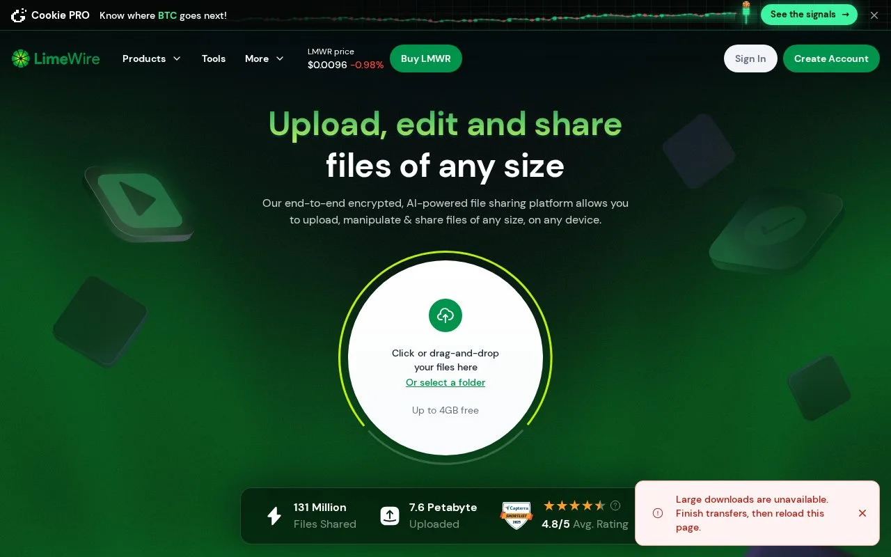 Screenshot of the LimeWire homepage