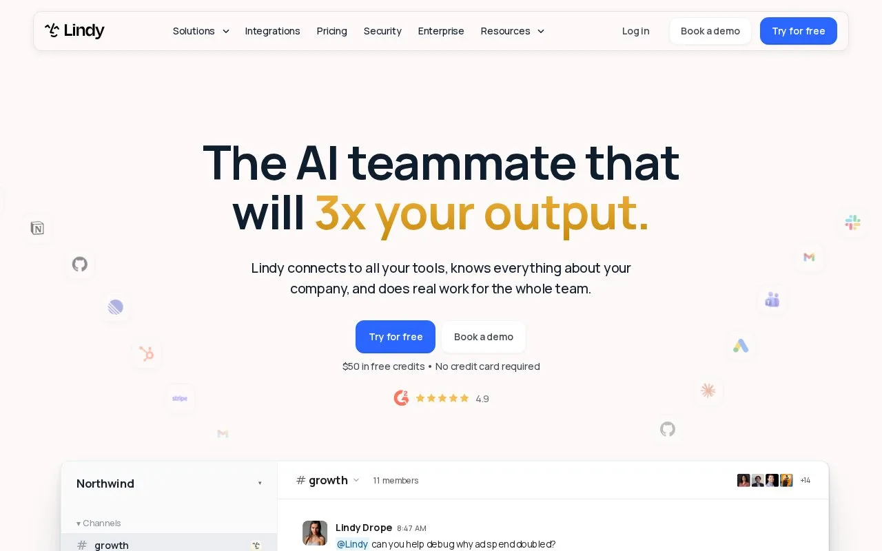 Screenshot of the Lindy homepage