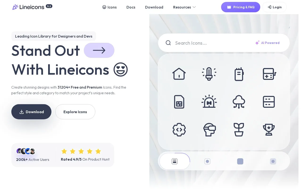 Screenshot of the Lineicons homepage