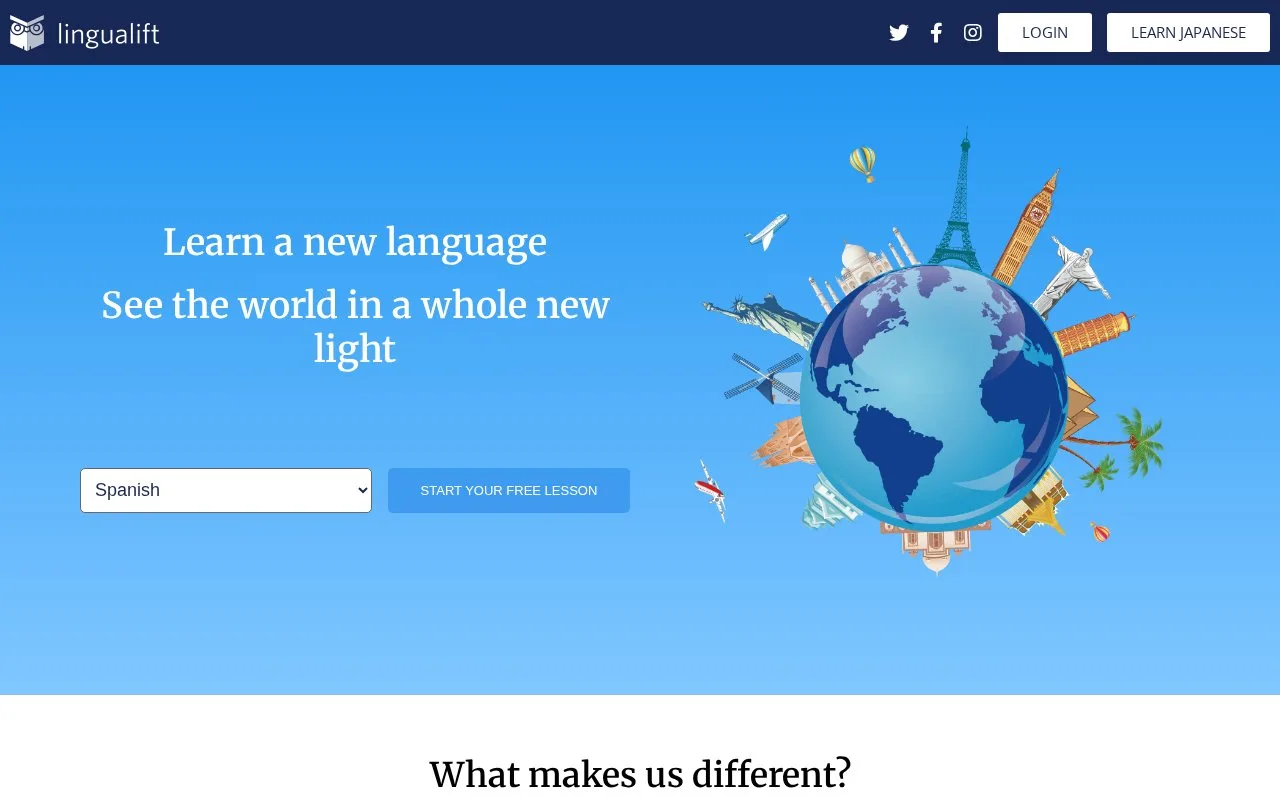 Screenshot of the LinguaLift homepage