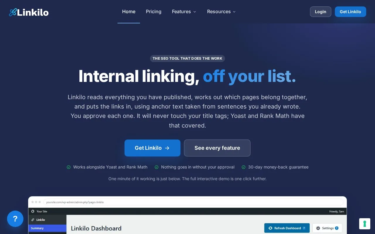 Screenshot of the Linkilo homepage