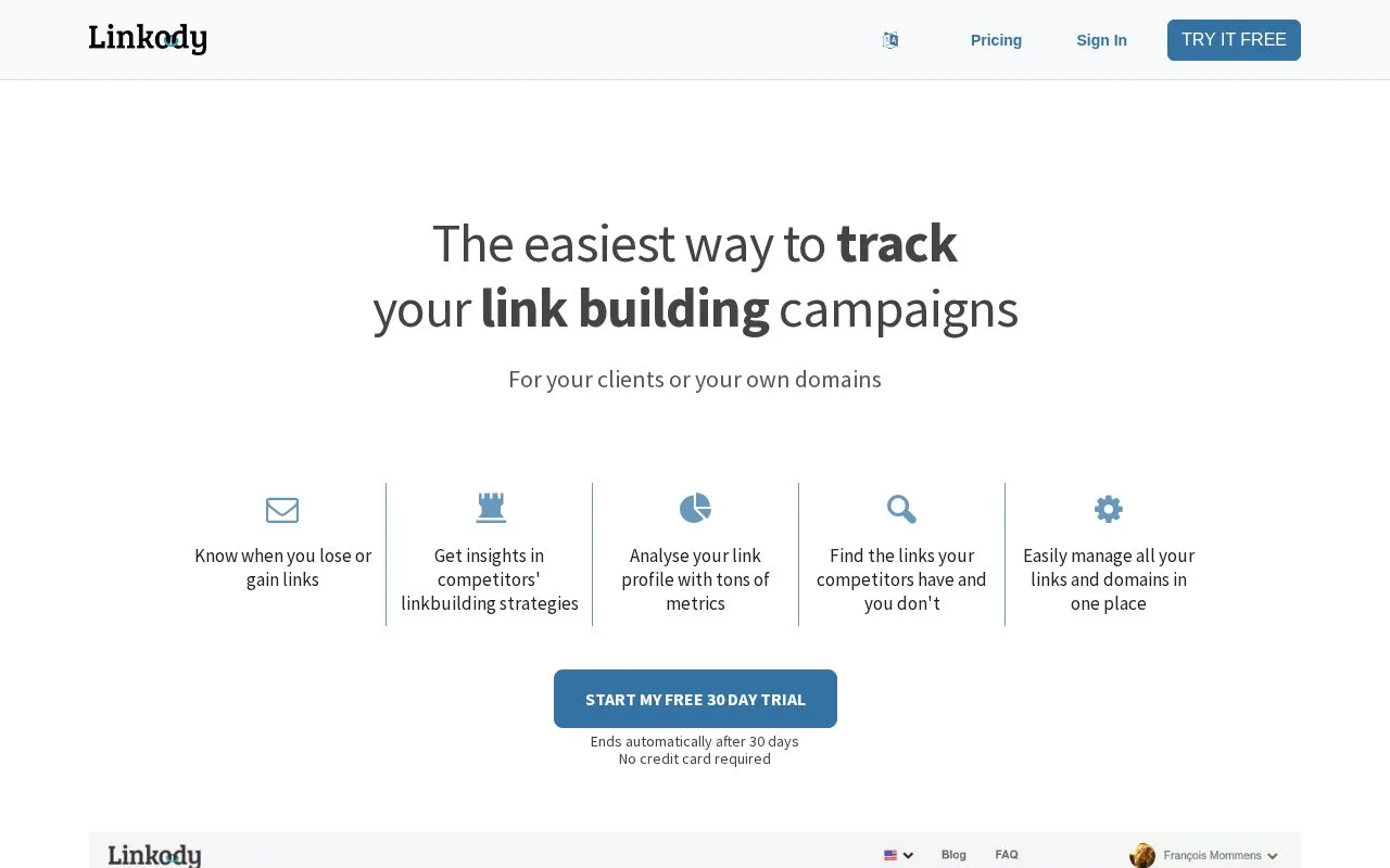 Screenshot of the Linkody homepage