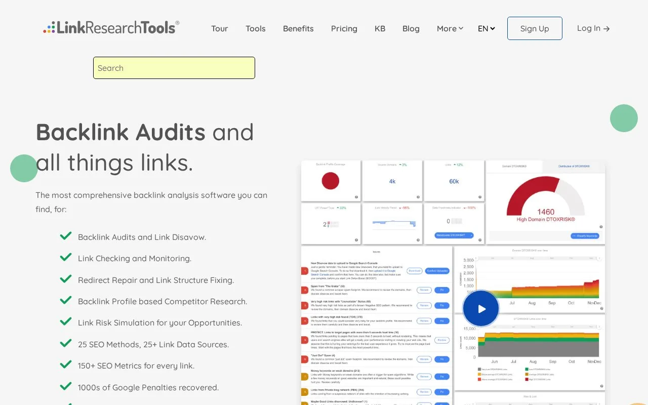 Screenshot of the LinkResearchTools homepage