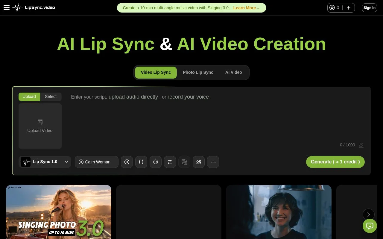 Screenshot of the Lipsync.video homepage
