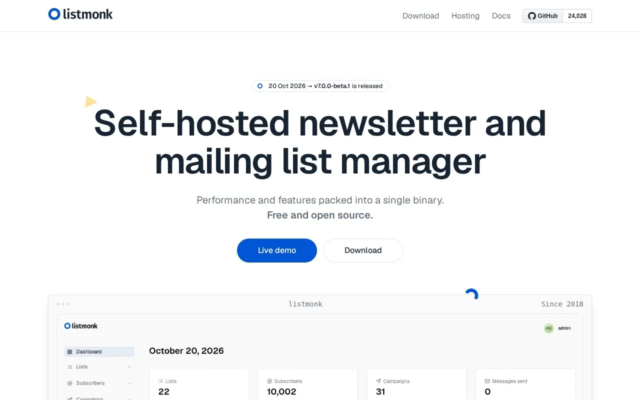 Screenshot of the listmonk homepage