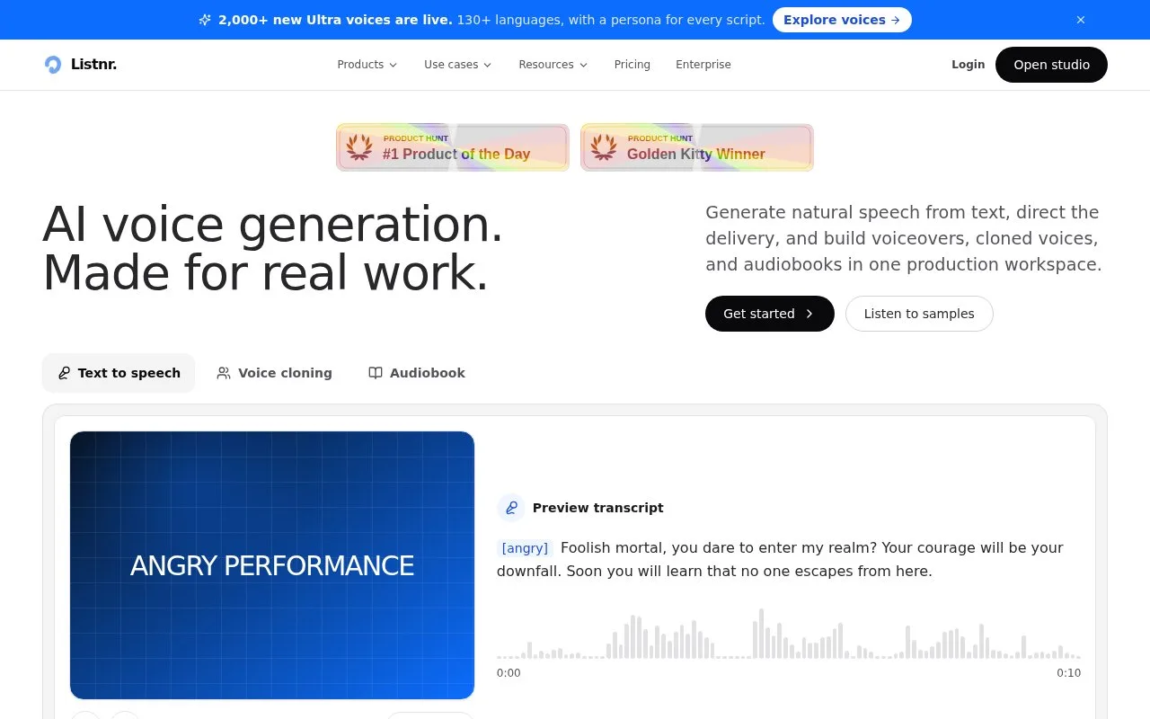 Screenshot of the Listnr homepage