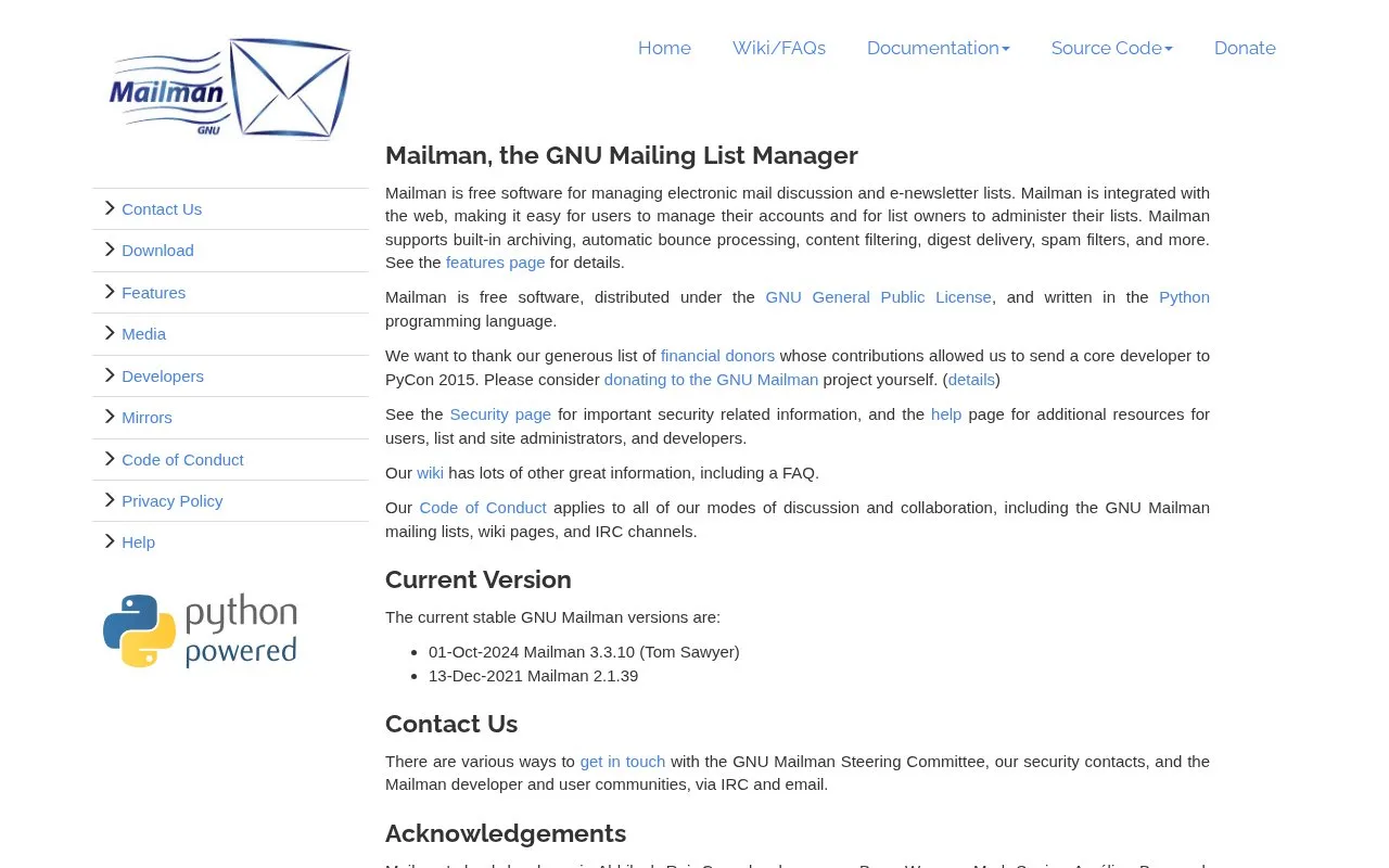 Screenshot of the GNU Mailman homepage
