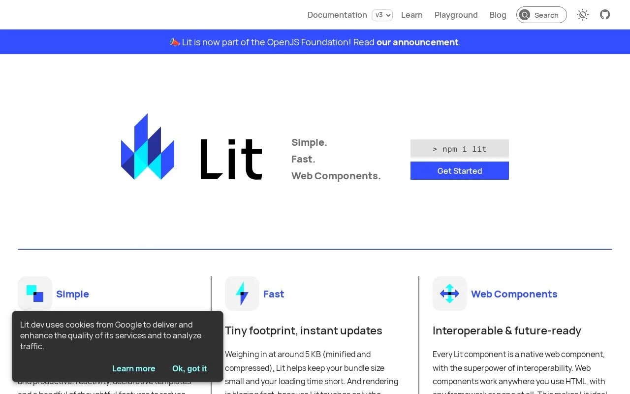 Screenshot of the Lit homepage