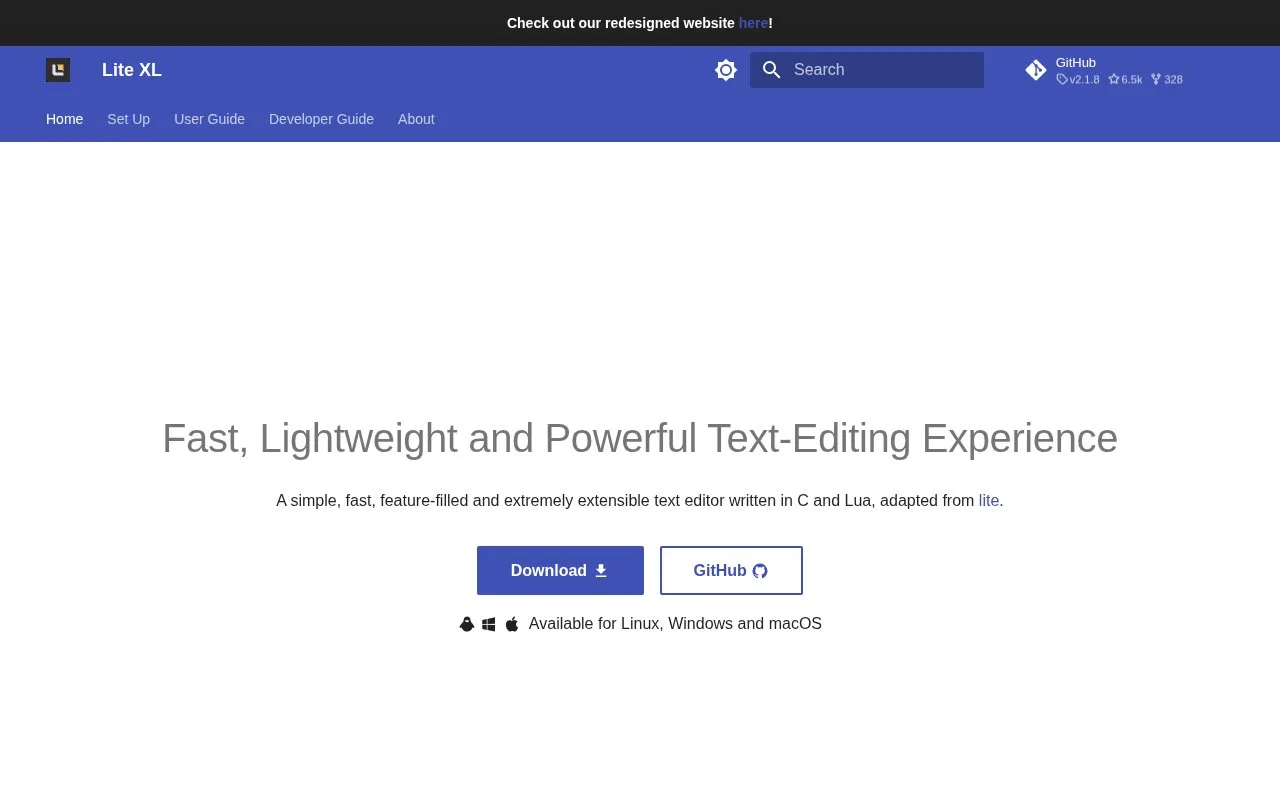 Screenshot of the Lite XL homepage