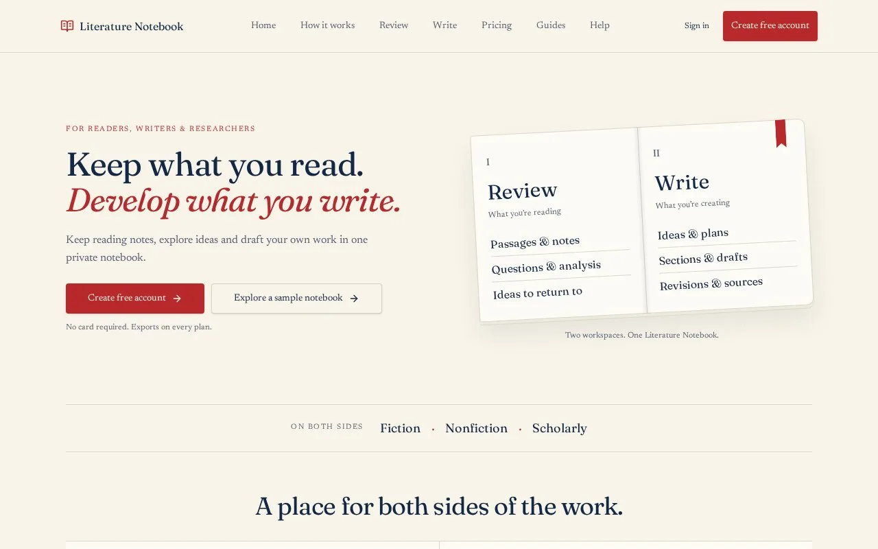 Screenshot of the Literature Notebook homepage