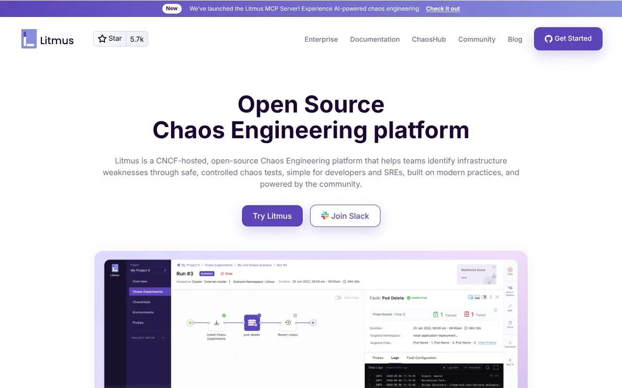 Screenshot of the LitmusChaos homepage