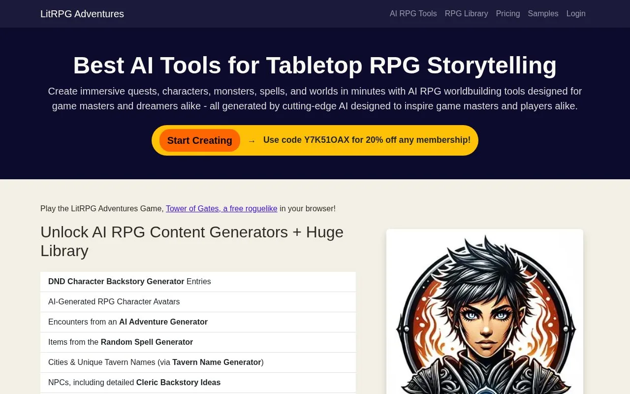 Screenshot of the LitRPG Adventures homepage