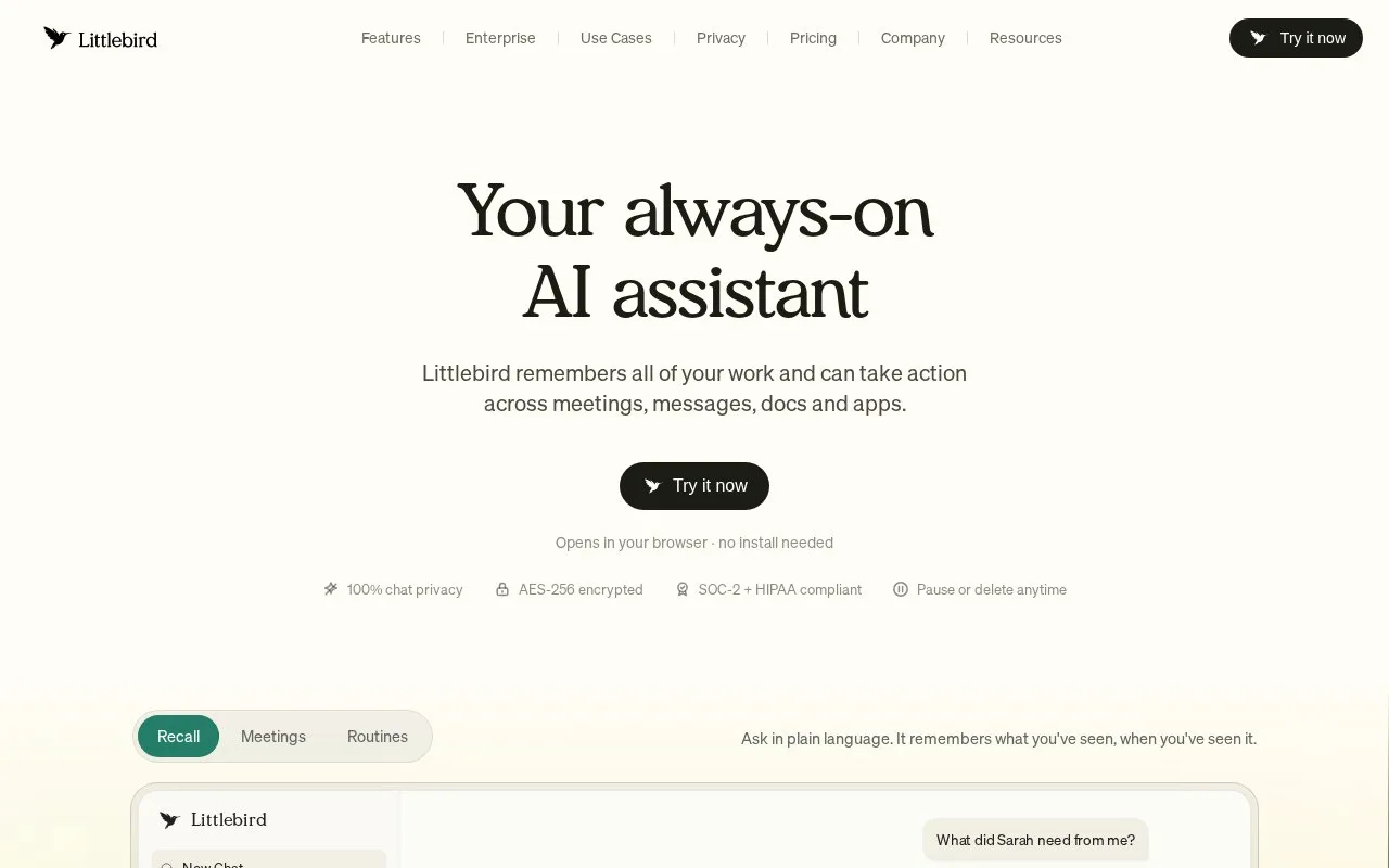 Screenshot of the Littlebird homepage