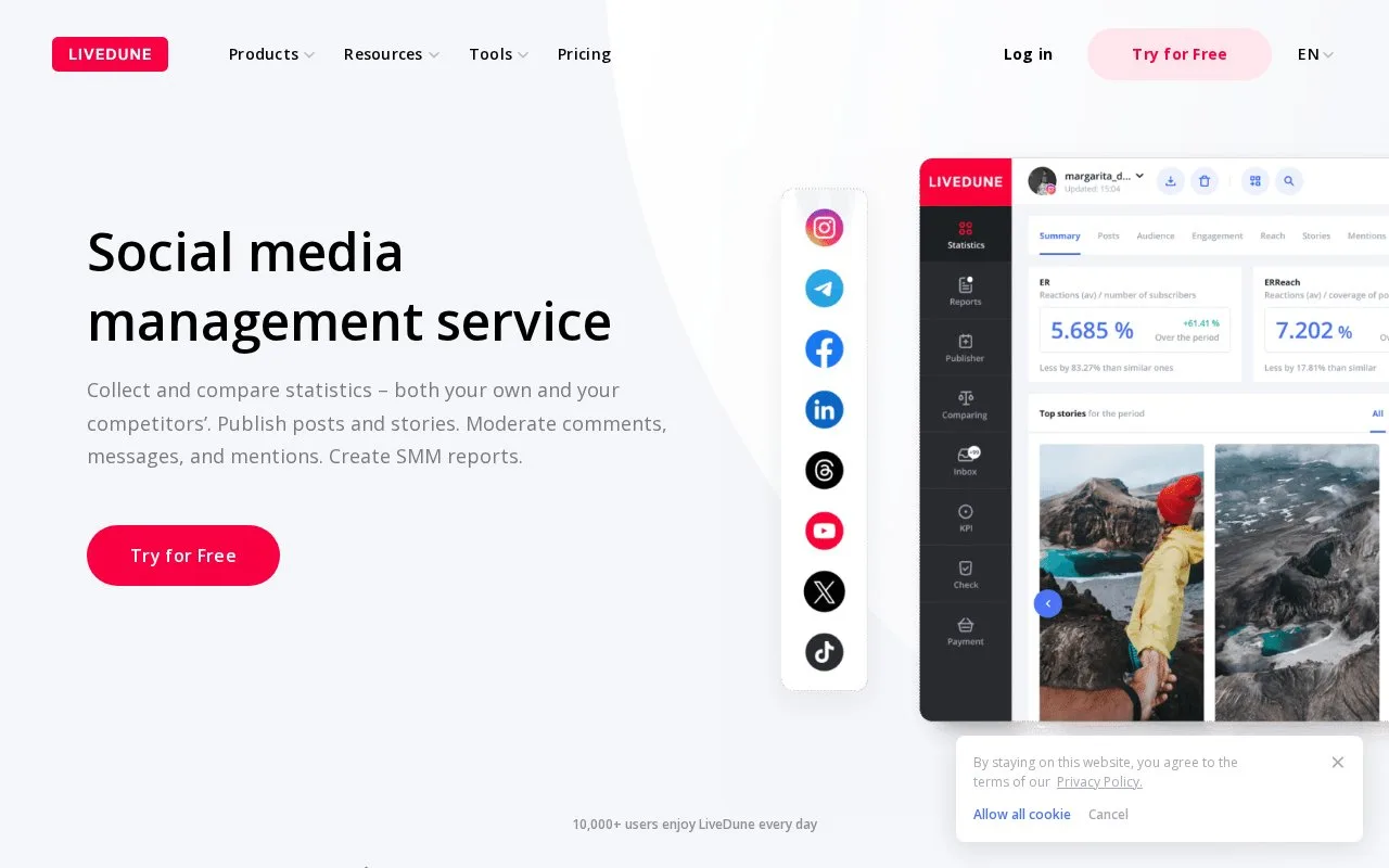 Screenshot of the LiveDune homepage