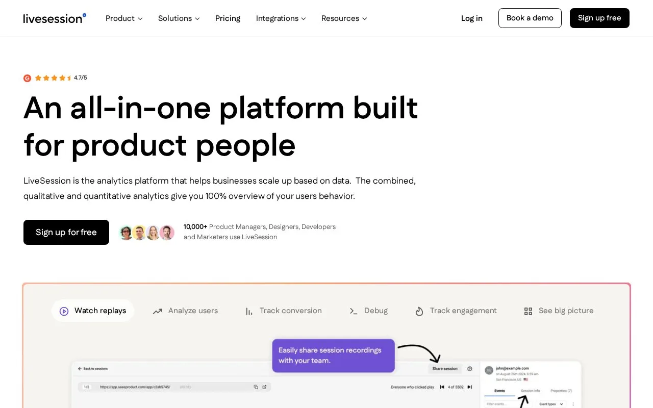 Screenshot of the LiveSession homepage