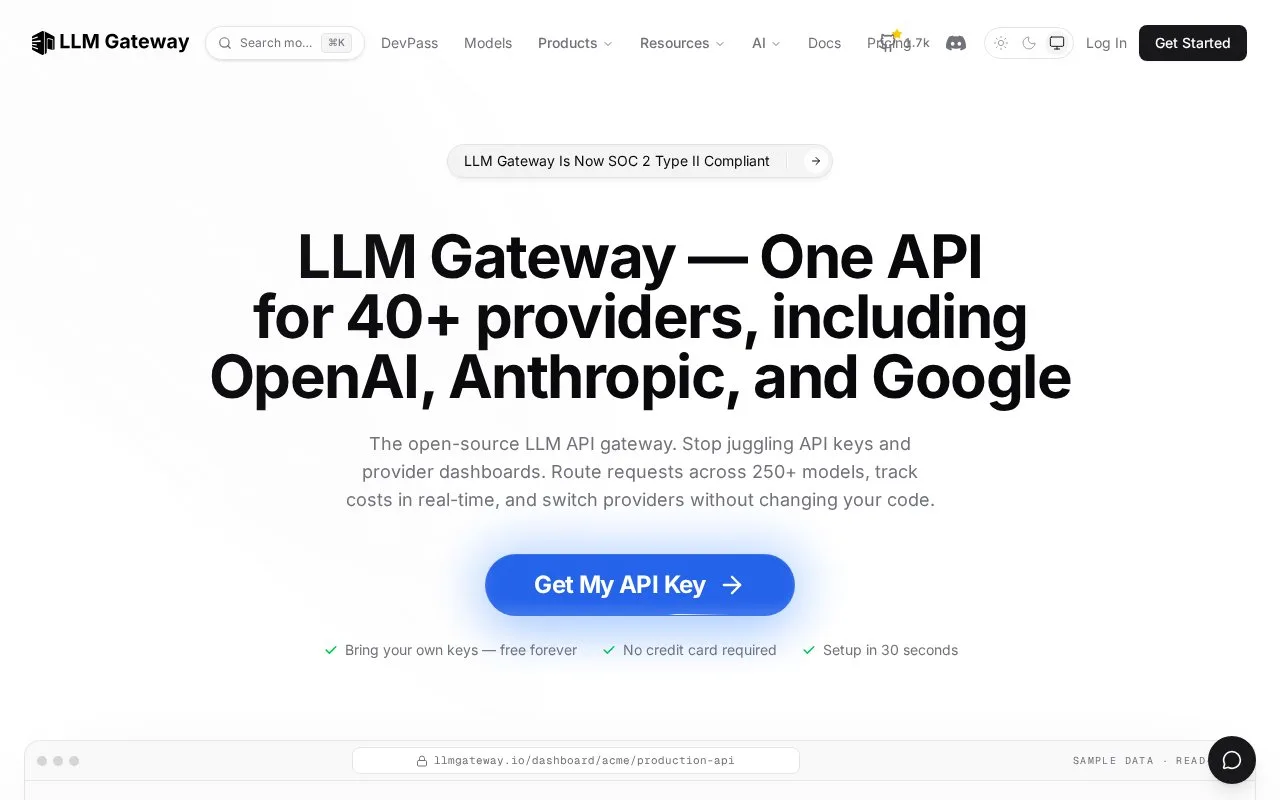 Screenshot of the LLM Gateway homepage