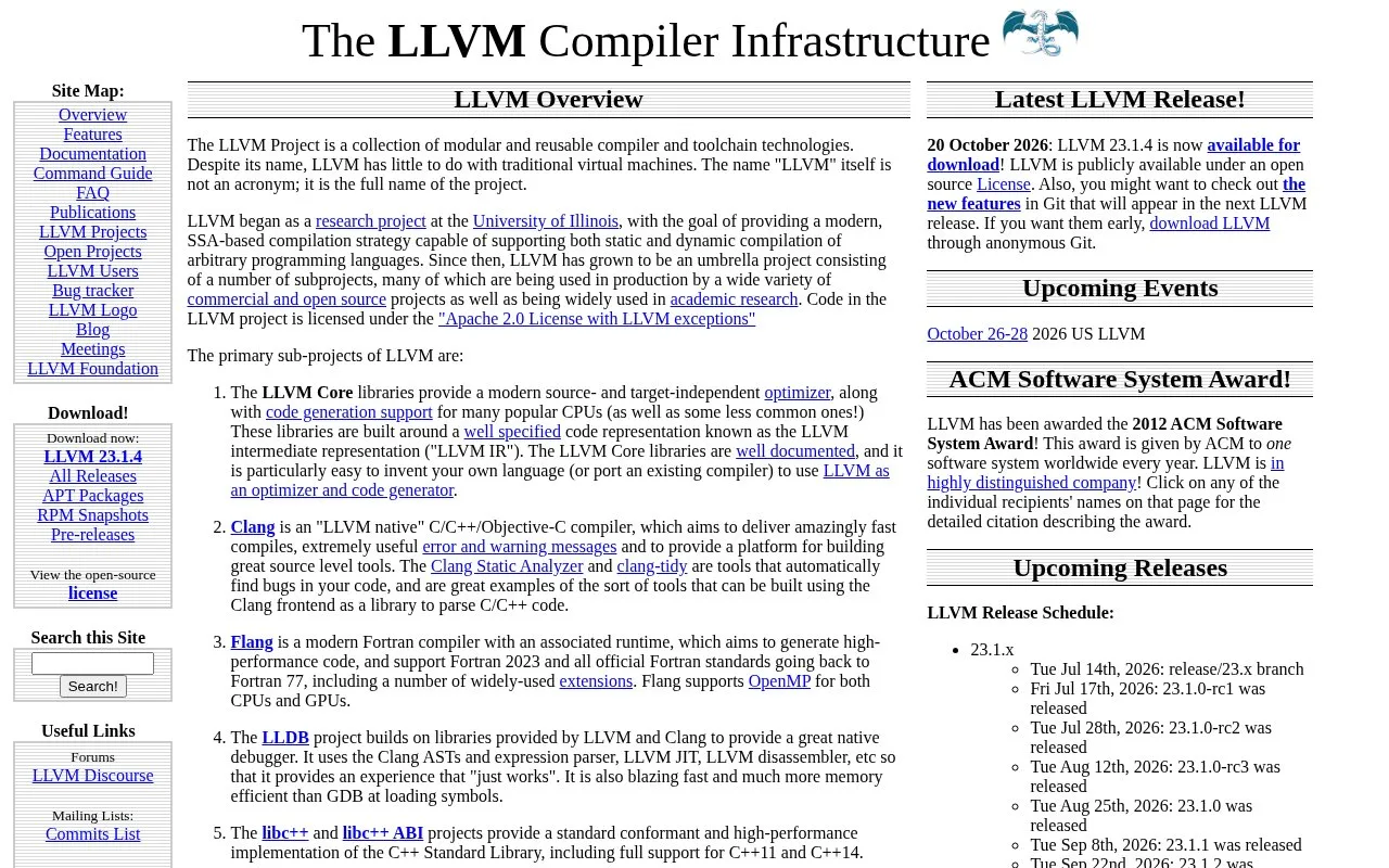 Screenshot of the LLVM homepage